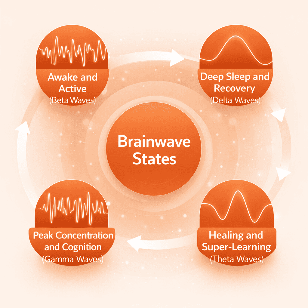 Diagram showing brainwave states like beta, gamma, delta, and theta waves used in Braintap therapy for relaxation.