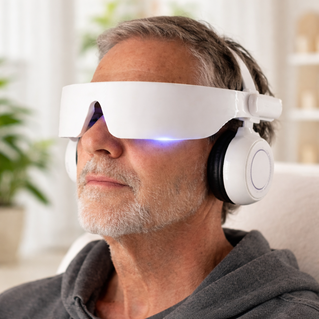 Man wearing Braintap headset with lights and headphones during a therapy session to improve focus and mental clarity.