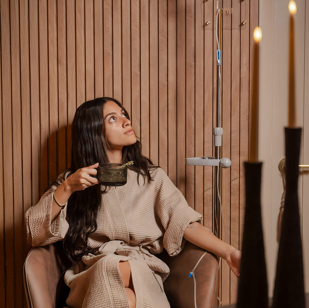 Woman seated with IV drip looking upward, illustrating potential overuse of IV therapy and awareness of treatment frequency risks