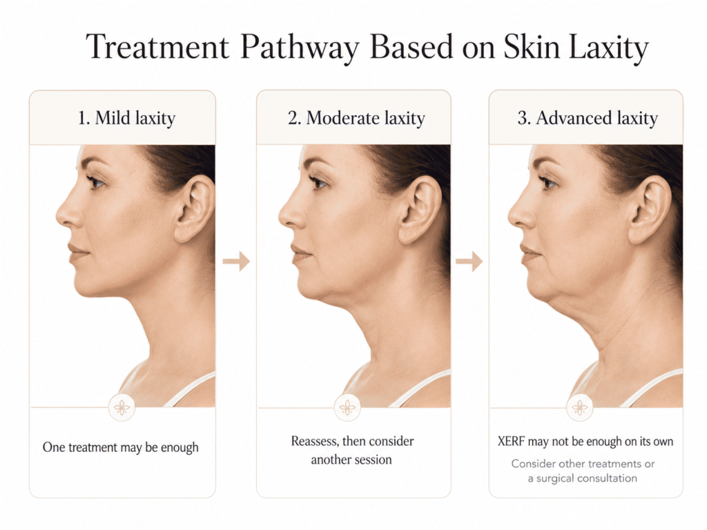 XERF treatment pathway comparing mild, moderate, and advanced skin laxity with suggested next steps.