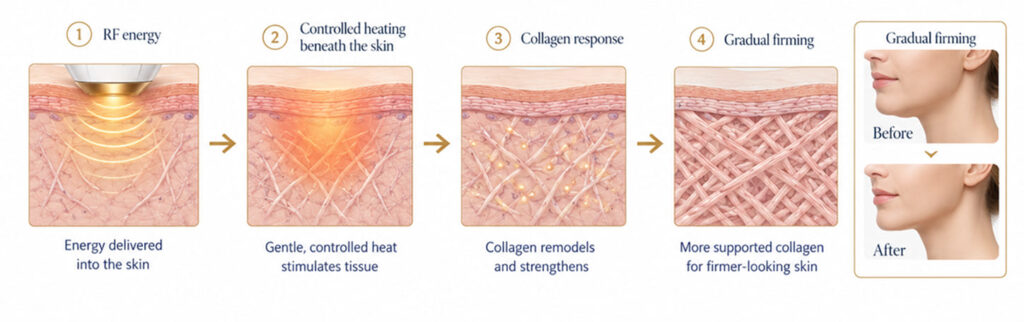 Diagram showing XERF radiofrequency energy heating tissue, stimulating collagen remodeling, and gradually firming skin.