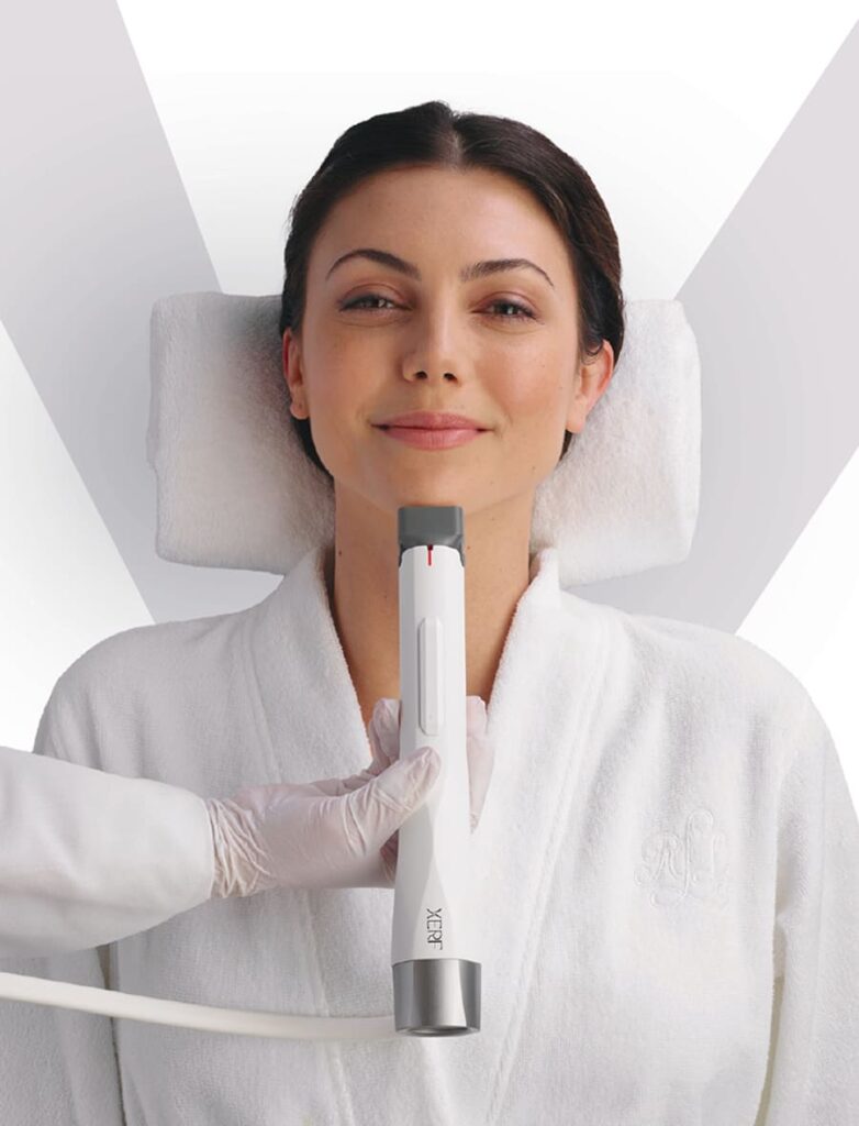 Woman receiving XERF treatment under the chin to support firmer skin and gradual, maintainable results.