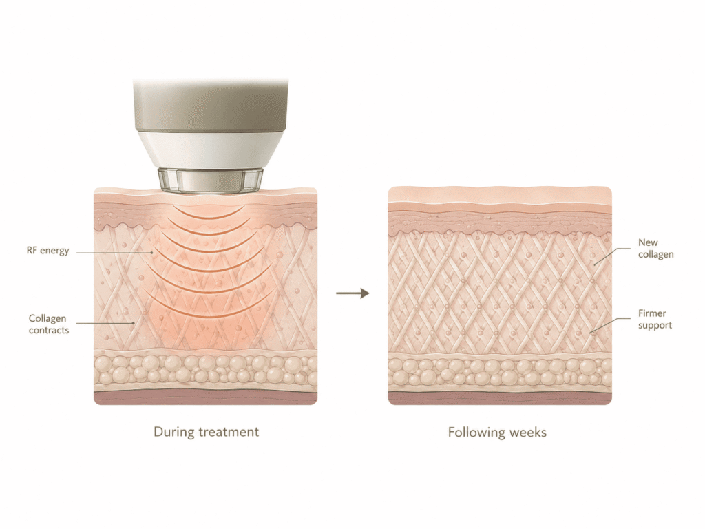 Two-panel skin cross-section showing radiofrequency treatment heating collagen, followed by denser collagen and firmer skin support.